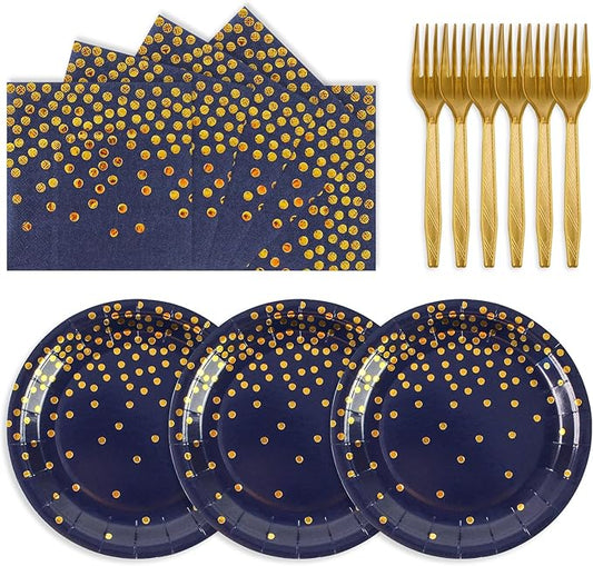 75PCS Paper Plates and Napkins Set - Dark Blue and Gold Dot Disposable Party Dinnerware Includes Paper Plates, Napkins, Forks Decorations for Birthdays, Graduations, Weddings and Holidays, Serves 25