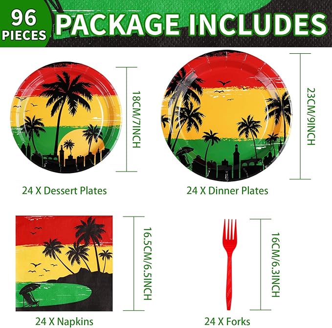96Pcs Reggae Birthday Party Supplies Jamaican Rastafari Palm Tree Plates and Napkins Tableware Summer Music Jamaican Party Decoration for Grafitti Jamaica Festival Hawaiian Party Favors, Serves 24