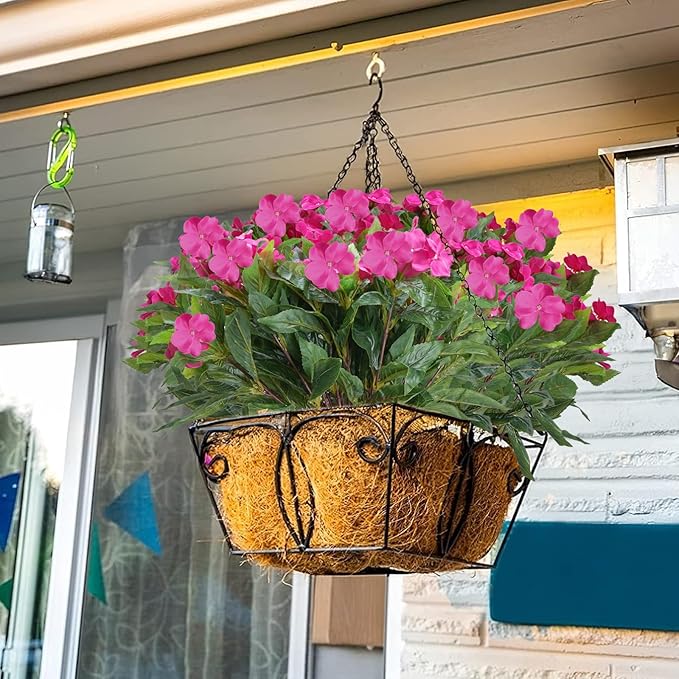 8 Bundles Artificial Flowers for Outdoors Silk Impatiens Flowers UV Resistant Faux Impatiens Plants Faux Flowers for Outdoor Planters Pot Lawn Garden Balcony Hanging Basket Porch (Rose Red)