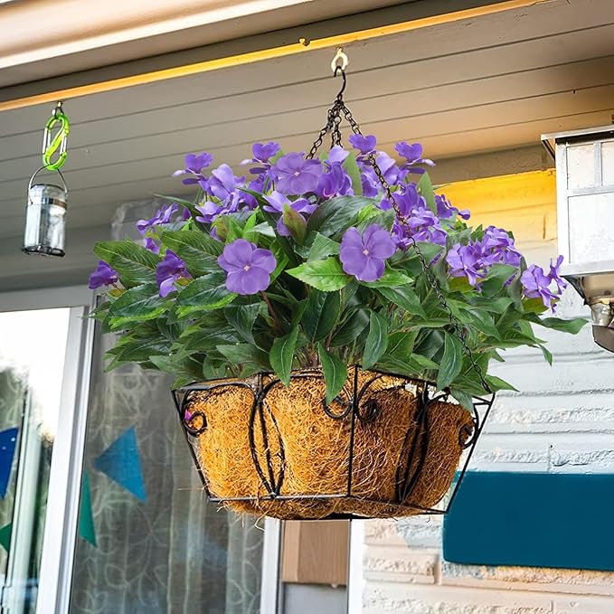 8 Pcs Artificial Impatiens Flowers for Outdoors Faux Impatiens Bushes Silk Flowers Purple UV Resistant Faux Flowers for Outdoor Planters Pot Lawn Balcony Hanging Basket Porch Decor