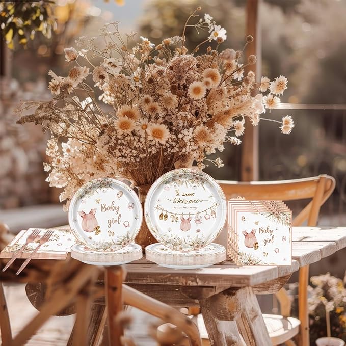 96Pcs Pink Baby Girl Shower Party Decorations A Sweet Girl is on Her Way Party Supllies Boho Bloom Babyshower Gender Reveal Paper Plates and Napkins Floral Tableware Serves 24 Guests