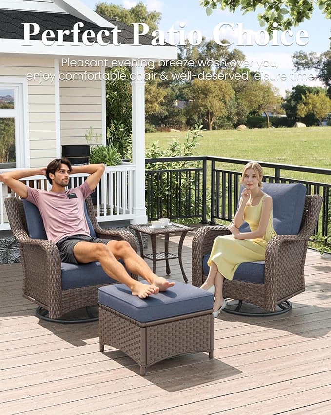 LayinSun 7 Piece Wicker Outdoor Furniture Set with 6-inch Comfy Cushions, High Back Patio Furniture Set with Swivel Rocking Chairs and Fire Pit Table