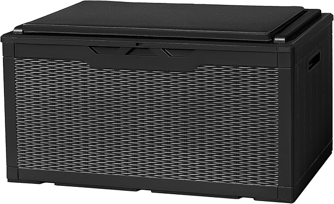 Flamaker Deck Box with Cushion 100 Gallon Waterproof Resin Storage Box with Air Rod Indoor Outdoor Lockable Storage Bench for Patio Furniture, Tools, Pool Accessories (Black)