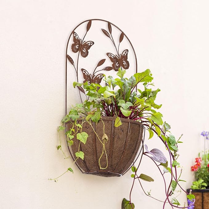 BAYN 2PK Wall Hanging Planter Decor Art with Butterfly, Metal Wall Mounted Planters Indoor Outdoor Wall Planter for Succulent Herb Home Garden Yard
