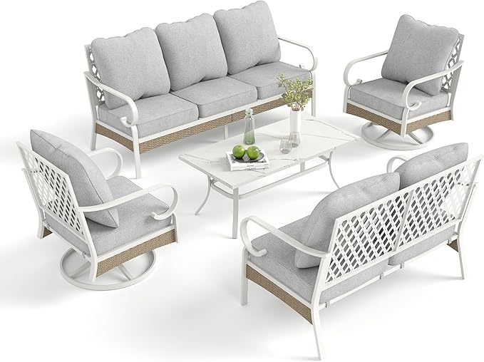 5 Piece Patio Furniture Set, 2 x Swivel Chair, 1 x 2-Seat Sofa, 1 x 3-Seat Sofa with Marbling Coffee Table, 7 Seats Outdoor Conversation Set for Lawn Garden Backyard, Light Gray