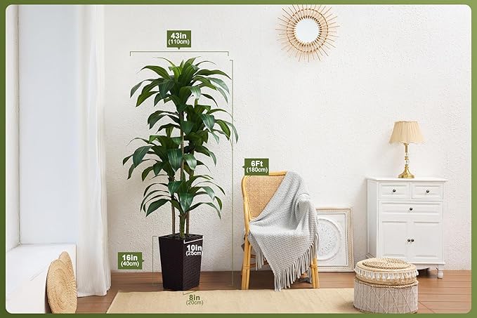 6FT Artificial Dracaena Tree - UV Resistant Faux Tropical Plant, Potted Fake Tree with Taper Planter & Pebbles - Indoor Outdoor Greenery for Home, Porch, Living Room, Bedroom Decor, VN127