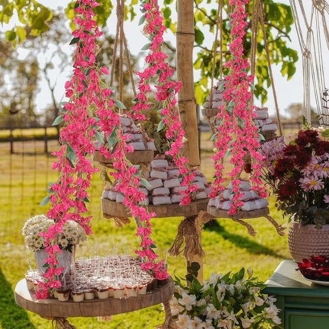 2Pcs Bougainvillea Artificial Hanging Flowers Plants for Outdoors Fake Silk Bougainvillea Vines Rose Red Artificial Flowers Garland UV Resistant Faux Flowers for Planter Porch Arch Table Decor