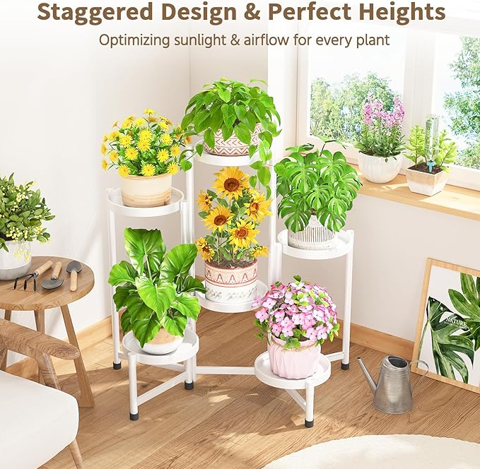 LASZOLA 6 Tiered Folding Plant Stand Indoor for Multiple Large Planter, Tall Heavy Duty Adjustable Rack with Rust Proof 10 Inch Wide Tray, Sturdy Vertical Tree Organizer for Narrow Inside Floor, White