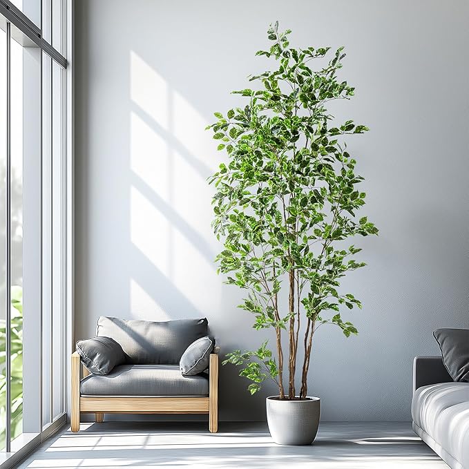Artificial Ficus Tree Indoor 8ft, Large Potted Faux Tree with Realistic Silk Leaves & Trunk for Home Office, Living Room Corner Decor