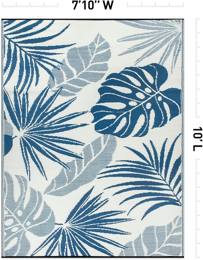 Rugshop Tropical Floral Leaf Reversible Crease-Free Waterproof Premium Recycled Plastic Outdoor Rugs for Patio,Backyard,RV,Deck,Picnic,Trailer,Beach,Camping,Sunroom Navy/Blue 7'10" x 10'