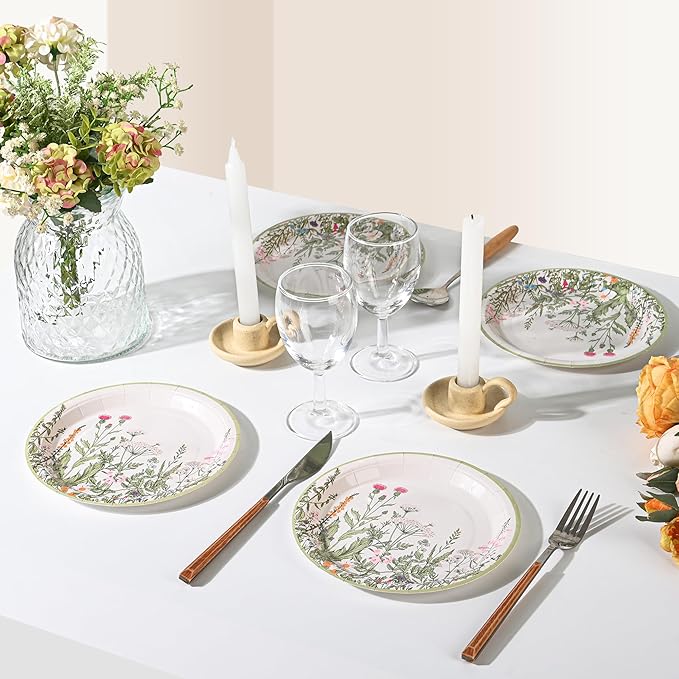Wildflower Party Plates 7" Floral Paper Plates Spring Summer Botanical Green Leaves Herbs Vintage Garden Disposable Decorative Dessert Plates (24, Vintage Floral)