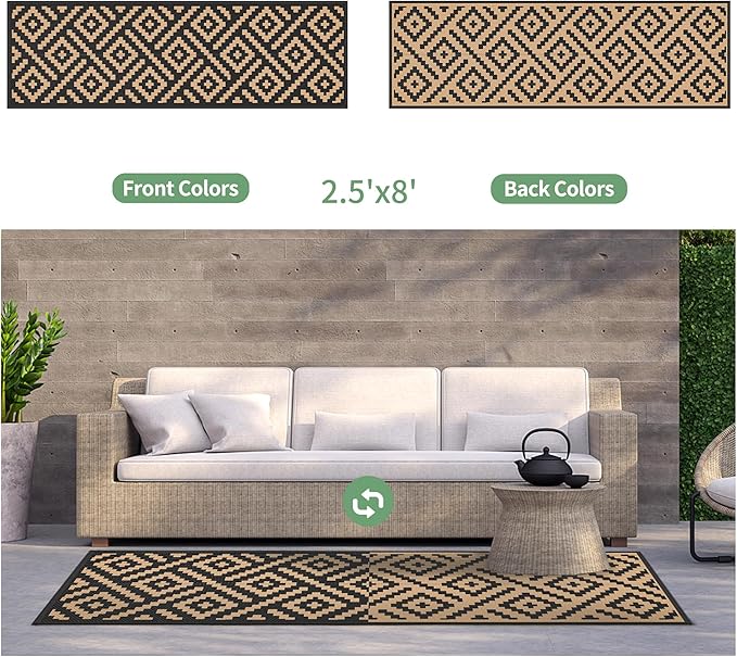 GENIMO Outdoor Rug 2.5'x8' Waterproof, Reversible Camping Mat, Plastic Straw Rugs for Patio, RV, Camper, Balcony, Backyard, Picnic, Deck (Black & Brown)