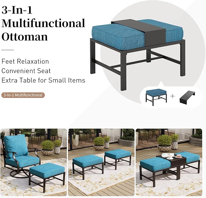 6 Piece Metal Outdoor Patio Furniture Set, Patio Conversation Set 3-seater Sofa, 2 Rocking Chair, 2 Ottomans with 5.75" Thick Cushion and Coffee Table, Black Backyard Furniture, Blue-2