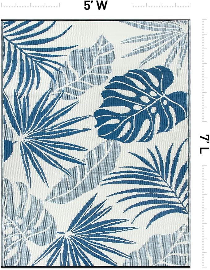 Rugshop Tropical Floral Leaf Reversible Crease-Free Waterproof Premium Recycled Plastic Outdoor Rugs for Patio,Backyard,RV,Deck,Picnic,Trailer,Beach,Camping,Sunroom Navy/Blue 5' x 7'