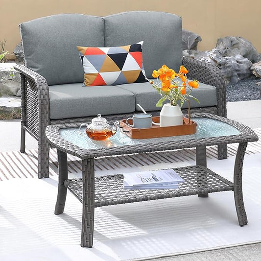 ovios 2 Pieces Patio Furniture Set, Outdoor Wicker Sofa with Glass Coffee Table, All Weather High Back Rattan Loveseat Couch 2 Seats with Comfy Cushions, Dark Grey
