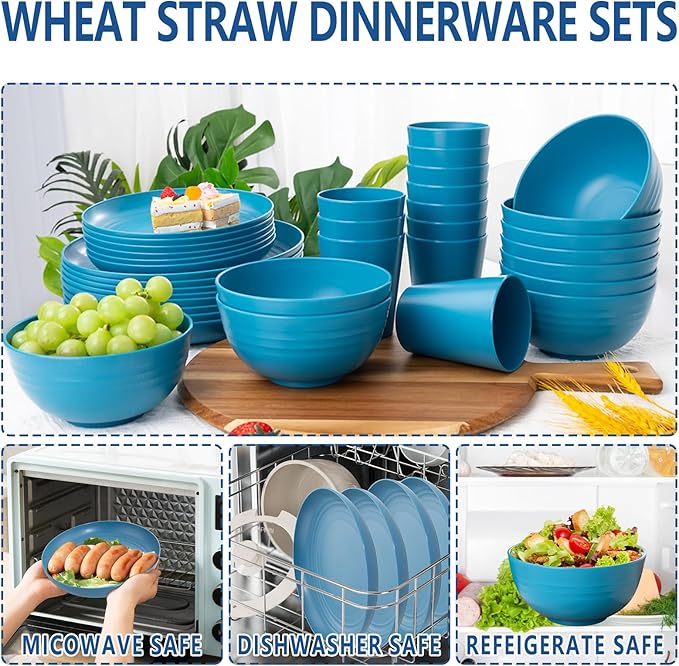 LIYH 48 Pcs Blue Plastic Wheat Straw Dinnerware, Plates and Bowls Set, Camping Dish Set for 12, Dishwasher Safe Dinnerware Sets, Unbreakable Plastic, Camper Dish Sets