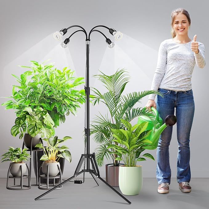 SANSI Grow Lights for Indoor Plants, 4 Head Dimmable Plant Lights for Indoor Growing, 35"-64" Adjustable Tripod Stand LED Grow Light Lamp with Remote Control 4 Pack of Par20 10W Bulbs