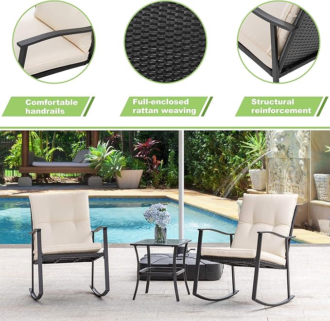 Vongrasig 3 Piece Outdoor Rocking Chair Set, PE Wicker Rattan Small Bistro Set, Front Porch Furniture Rocking Chairs Set of 2, Cushioned Patio Rocker Chair Set with Glass Table (Beige)