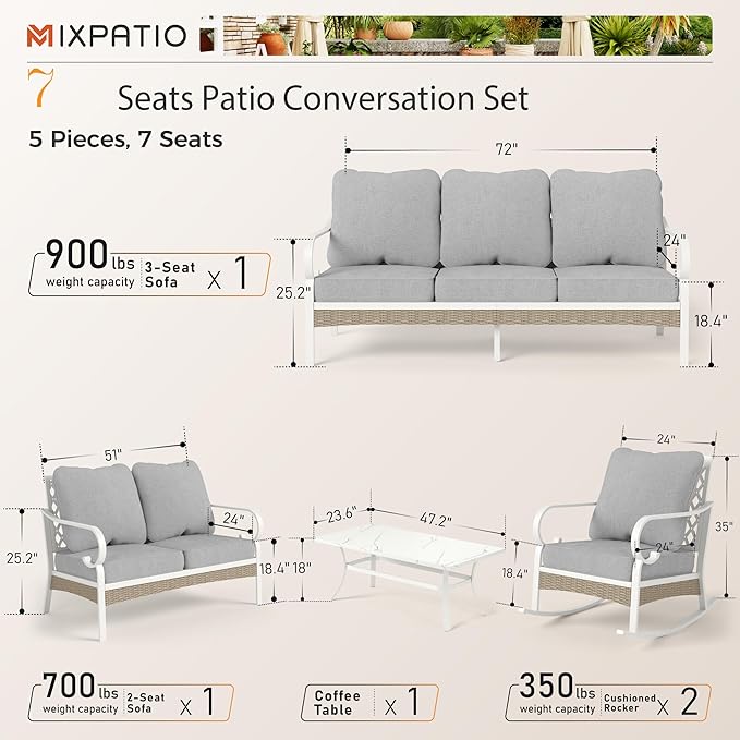5 Piece Patio Furniture Set, 2 x Rocking Chair, 1 x 2-Seat Sofa, 1 x 3-Seat Sofa with Marbling Coffee Table, 7 Seats Outdoor Conversation Set for Lawn Garden Backyard, Light Gray