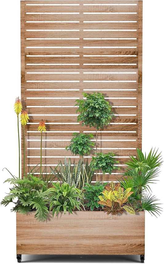 15.7"×70.9"×35.4" Metal Raised Garden Bed with Trellis and Wheels - Tall Trellis Planter Box for Climbing Plants, Vegetables & Vines - Outdoor Privacy Planters for Patio (Cut Oak Grain)
