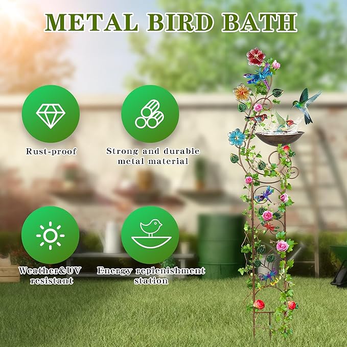57” Bird Bath with Garden Trellis for Climbing Plants Outdoor, Small Decorative Metal Birdbath Bird Baths, Dragonfly (Dragonfly)