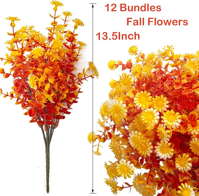 12 Bundles Artificial Fall Flowers for Outdoors Fake Plants - Faux Outside Greenery Boxwood No Fade Plastic Shrubs Decor Farmhouse Home Garden Thanksgiving (Fall Yellow)