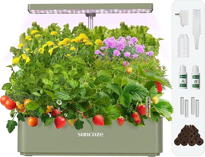 SUNCOZE Hydroponics Growing System Kit 12 Pods, 24W LED Grow Light Indoor Garden, 4L Water Tank with Quiet Pump, Adjustable Height Herb Garden Planter Indoor Kit, Gardening Gifts, Green