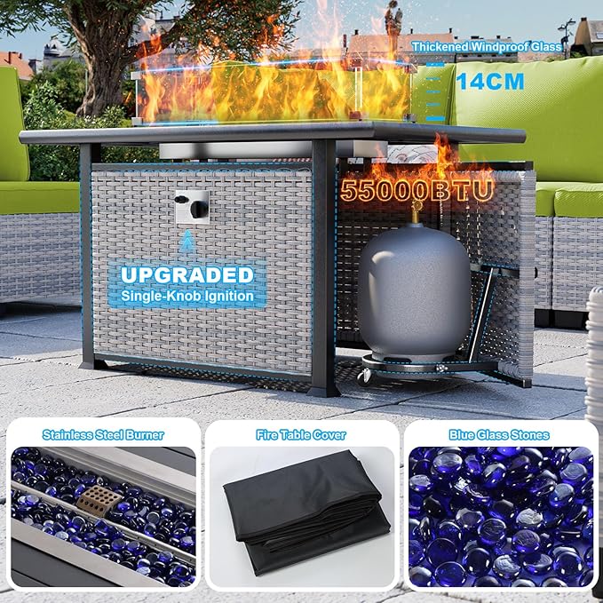 11-Piece Patio Furniture Set, Outdoor Patio Furniture with 55,000 BTU Fire Pit Table, Swivel Chairs Set, Thick Cushions, Modular Patio Sofa, Dual-Strand Rattan, Rust-Resistant Frame, Grass Green