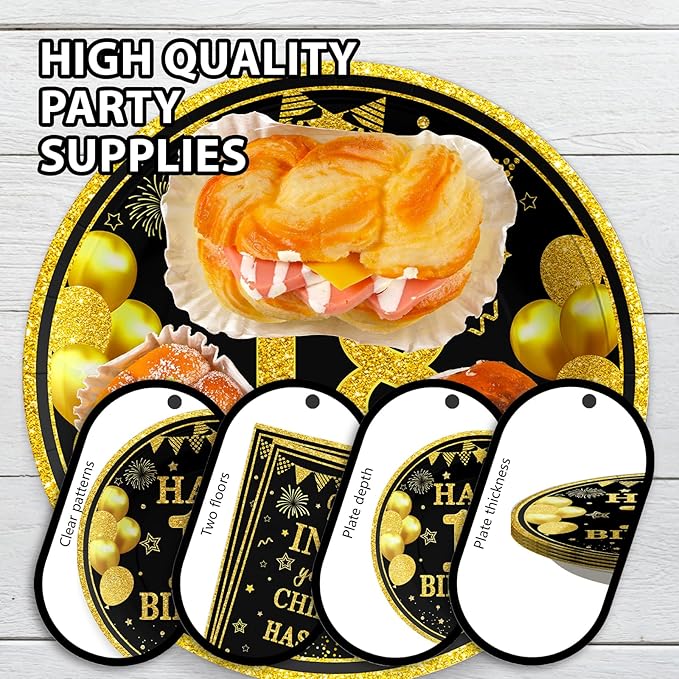 Grencian 96Pcs Happy 18th Birthday Decorations Black and Gold Birthday Plates and Napkins Gold and Black 18th Birthday Tableware Sets for Boys Girls 18 Year Old Birthday Party Supplies Serve 24