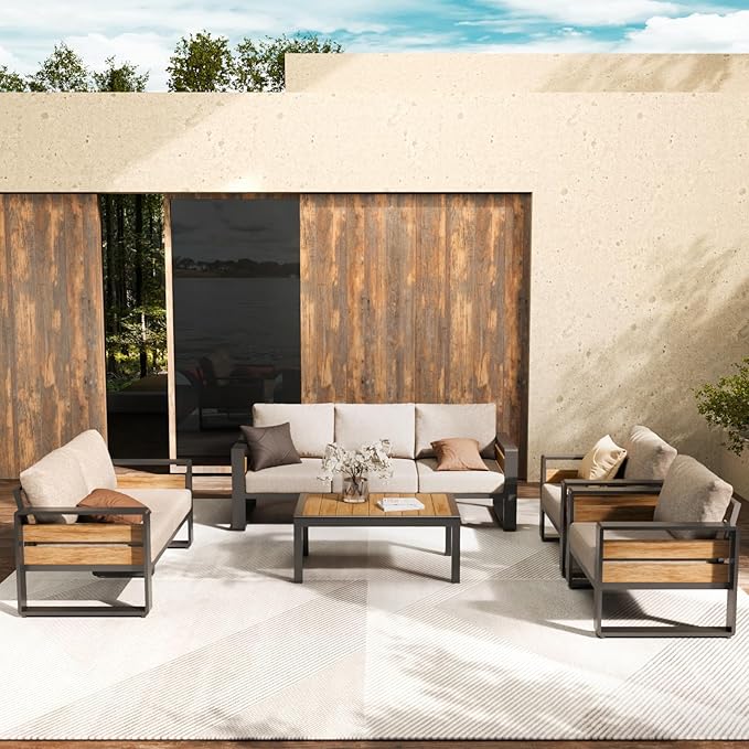 ZANDOR Aluminum Outdoor Patio Furniture Set, 4-Piece Metal Modern Outside Sectional Conversation Lawn Furniture with Coffee Table & Washable Thick Cushions,Seating Sofa for Garden/Backyard/Porch Grey