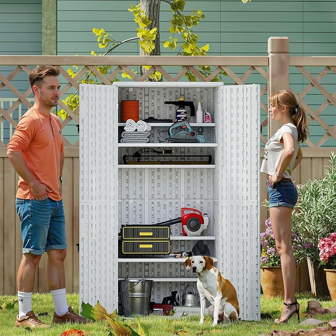 Outdoor Storage Cabinet with 4 Shelves,31.5" x 23.23" x 66.22" White Waterproof Shed,Waterproof Resin Vertical Tool Shed, Lockable 30 cu.ft. Storage Shed for Patio, Garden, Yard, White