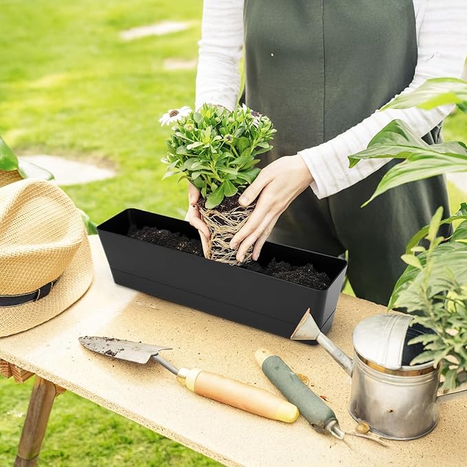 GREANER Rectangle Window Boxes, 6PCS 16x3.8 Inch Black Herb Planters with RemovableTray and Drainage Hole, Succulent Flowers Plastic Pot for Balcony, Office, Windowsill, Garden, Outdoor Decoration Use