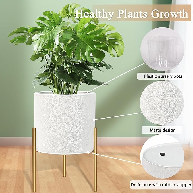 ARNIS Modern Planter Pots, Large Planters with Stand, Set of 2 Metal Planters for Indoor Plants with Drainage Holes for Living Room, Office, Garden or Balcony (White, 10.5 &12.25 Inch)
