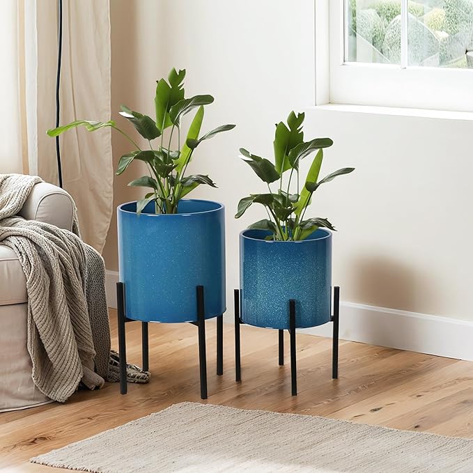 ARNIS Modern Plant Pots, Set of 2 Large Planters with Stand, Decorative Planters, Metal Pots with Drainage Holes for Living Room, Office, Garden or Balcony, 10.5 &12.55 Inch, Blue