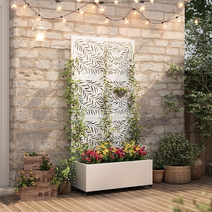 Metal Raised Garden Bed with Trellis & Wheels,70" x 35"x 15.7" Planter Box with Trellis,Privacy Planters for Patio,Garden Bed for Climbing Plants,Suitable for Climbing Plants and Vegetables,White