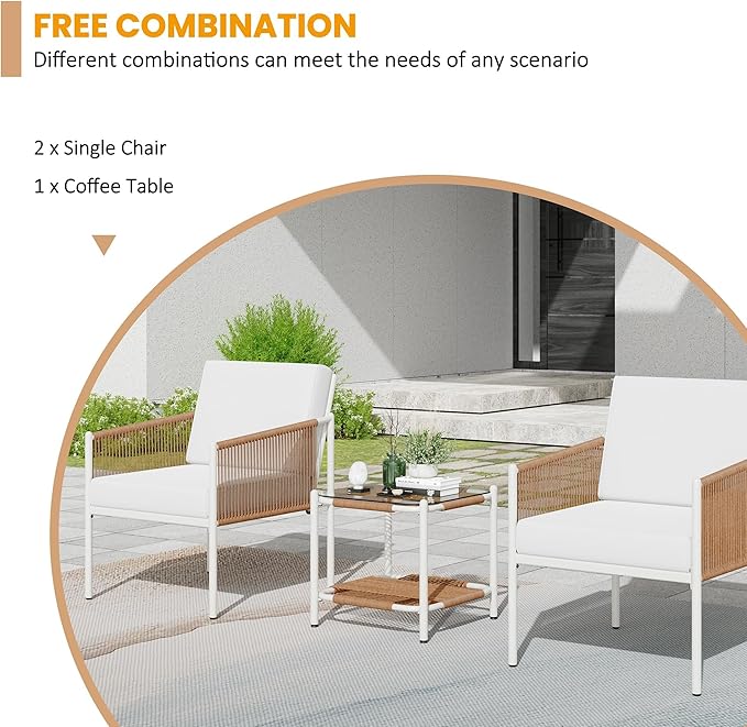 3 Pieces Patio Bistro Set,Outdoor Wicker Furniture Sets,Rattan Glass Table and Chairs Patio Conversation Set with Cushions for Lawn,Garden,Balcony(Beige)