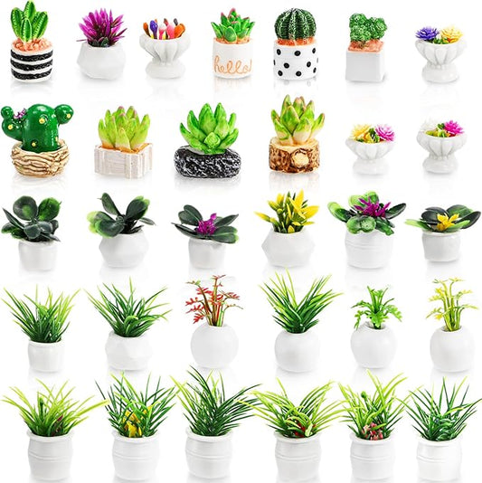 31 PCS Miniature Potted Plants, Vivid Mini Artificial Bonsai Plants, 1:12 Resin Tiny Dollhouse Flowerpot Decor, Realistic Fake Greenery Ornament, Cute Succulent Planter Models for DIY Crafts