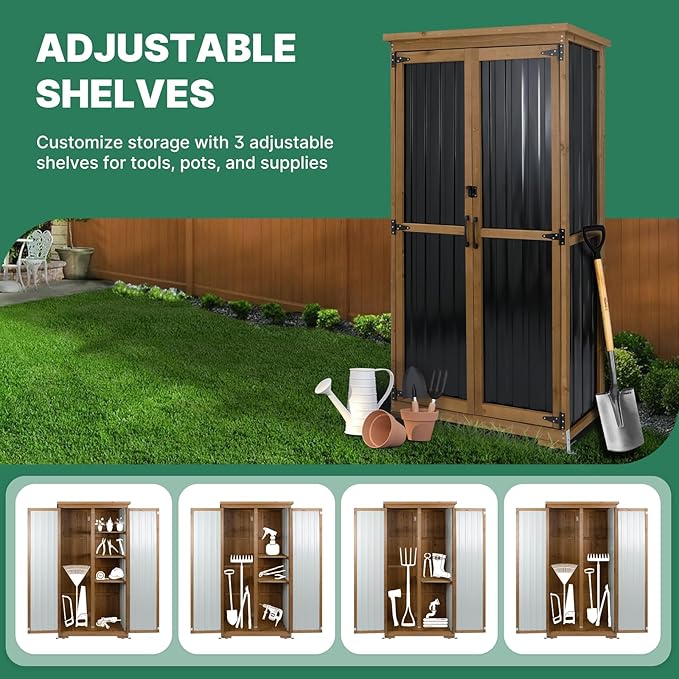 Outdoor Storage Cabinet, Wood & Metal Tall Tool Shed with Weather-Resistant Roof, Double Lockable Doors, 3 Removable Shelves & Adjustable Feet, for Patio, Garden, Backyard, 32" x 15.5" x 66"