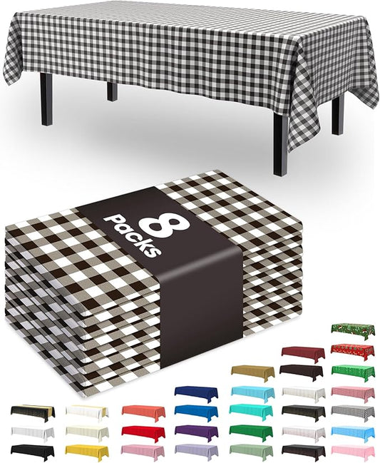 Pureegg Plastic Table Cloth Disposable 8 Pack, 54 x 108 Inch Table Cloths, Party, Picnic, Decorative Gingham Tablecloths, Rectangle, Black and White Checkered Cover, Leakproof & Sturdy, Black Plaid