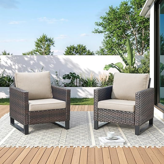 Wicker Outdoor Patio Chairs Set of 2-High Back Rattan Patio Club Chairs with Thickened Cushions Wide Armrest All Weather Patio Furniture Set for Deck Porch Balcony(Brown/Beige)