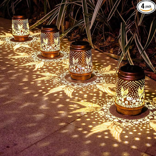 4 Pack Hummingbird Birthday Gifts for Women Mom Grandma Solar Lanterns Outdoor Waterproof Garden Decor Metal Hanging LED Decorative Light for Patio Yard Lawn Backyard Front Porch Gardening Gifts
