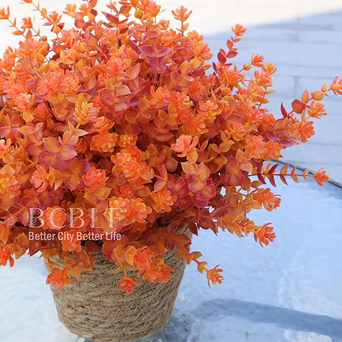 Artificial Flowers for Outdoors, 12 Bundles UV Resistant Realistic Faux Plants for Outside Porch Planter, Spring Summer Home Garden Decoration, Red Orange