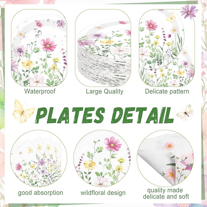 250 Pcs Wildflower Party Decorations Include Spring Summer Floral Paper Plates Napkins and Cups for Wildflower Baby Shower Tea Decorations, Serve 50 Guest(Watercolor,Fresh Style)