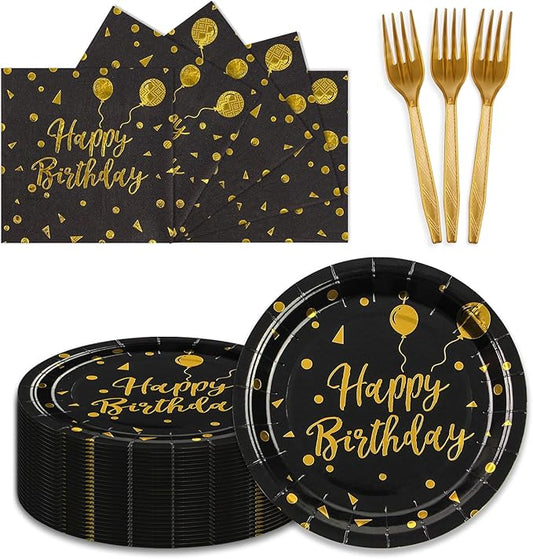 150PCS Happy Birthday Paper Plates and Napkins - 7 Inch Black Gold Dot Paper Plates and 6.5 Inch Napkins with 6.3 Inch Gold Forks Disposable Tableware Set for Birthday Party Decorations, Serves 50