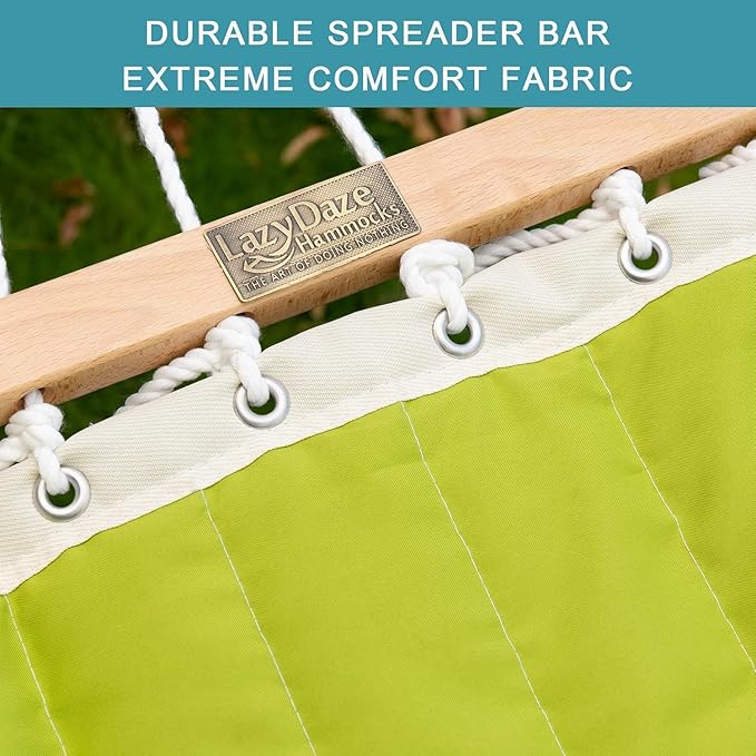 Lazy Daze Hammocks Quilted Fabric Double Hammock with Pillow, Spreader Bar Swing for Two Person, 450lbs Weight Capacity (Light Green)
