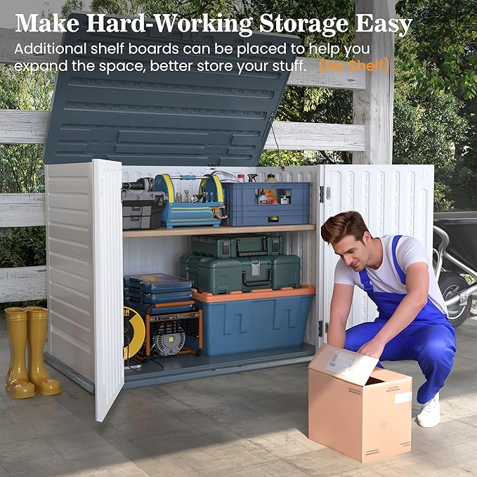 UDPATIO Outdoor Storage Cabinet 35 Cu Ft, Resin Horizontal Outdoor Trash Can Storage Box Lockable Shed 4 x 2 ft for Garbage, Garden Tools, Lawn Mowers