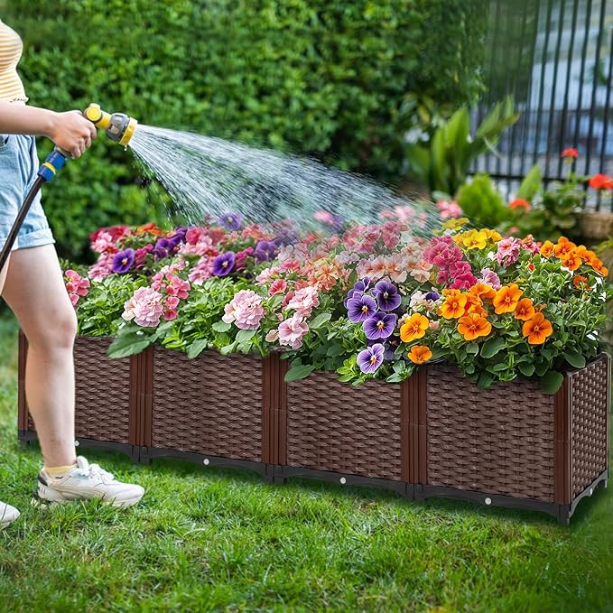 Raised Garden Beds Outdoor Self-Watering, Large Garden Planter Box With Drain Outlet, Elevated Rectangular Raised Beds for Gardening Vegetables Flowers Above Ground Garden Planters, 62.9"x15.7"x14.2"
