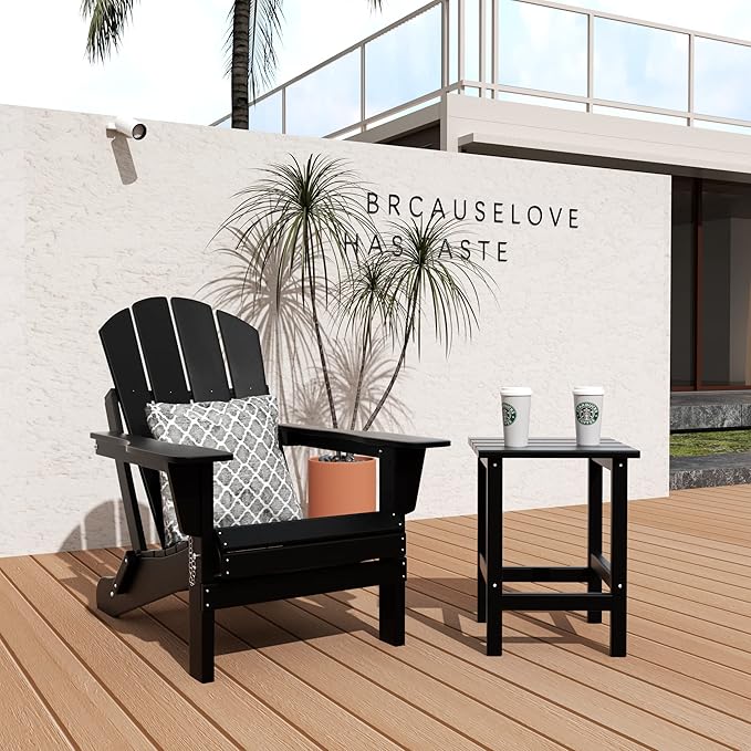 WO Home Furniture Adirondack Chair Table Set of 2 PCS Outdoor Folding Chair w Side Table Weather/UV Resistant for Lawn, Garden, Bon Fire, Balcony (Black)