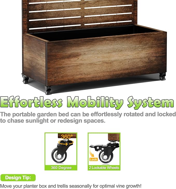 15.7"×70.9"×35.4" Metal Raised Garden Bed with Trellis and Wheels - Tall Trellis Planter Box for Climbing Plants, Vegetables & Vines - Outdoor Privacy Planters for Patio (Vintage Wood Grain)