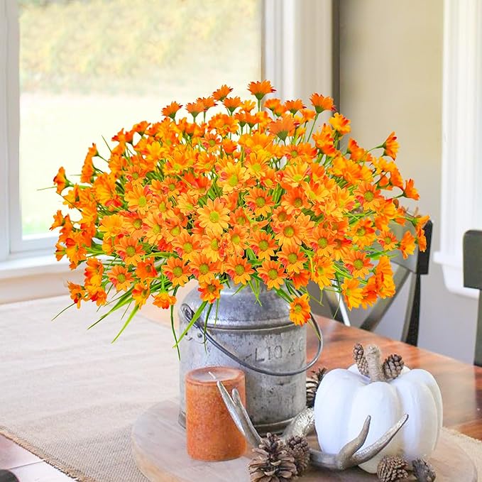 Uieke 24 Bundles Artificial Flowers for Outdoors - UV Resistant Fake Daisy Mums Faux Fall Flowers No Fade for Home Garden Patio Autumn Decor - Orange Yellow